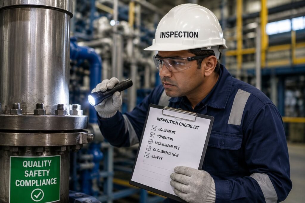 Industrial safety inspector wearing a white hardhat labeled "INSPECTION" and protective glasses, shining a flashlight onto heavy metal piping while holding a clipboard with a checked "INSPECTION CHECKLIST" next to a "QUALITY SAFETY COMPLIANCE" sign.