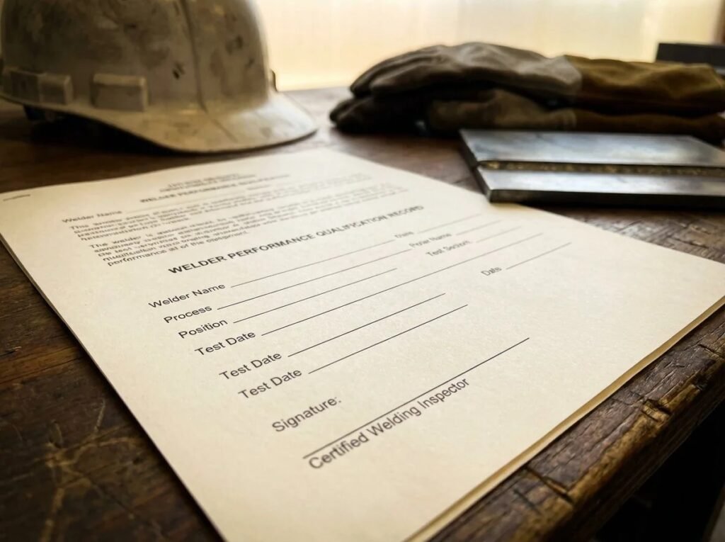 Printed "WELDER PERFORMANCE QUALIFICATION RECORD" form lying on a rustic wooden workbench alongside a construction hardhat, heavy work gloves, and a welded metal test piece.